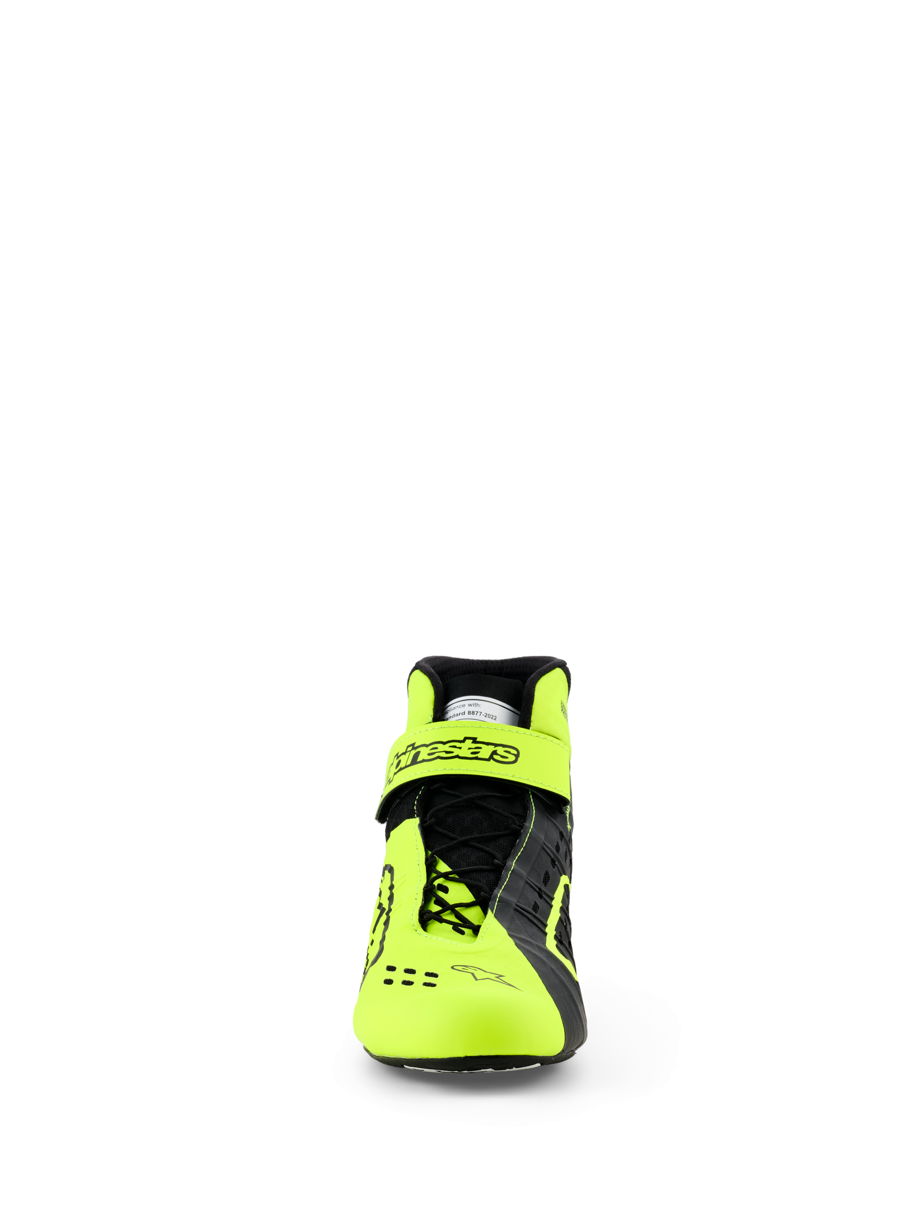 Alpinestars Tech-1 KX V3 Schuhe, Karting-Schuhe, Schwarz und Gelb Fluo, Frontansicht mit asymmetrischem Schnürsystem und verstellbarem Knöchelriemen mit Alpinestars-Logo, schlankes, leichtes Design für FIA-zertifizierte Rennleistung