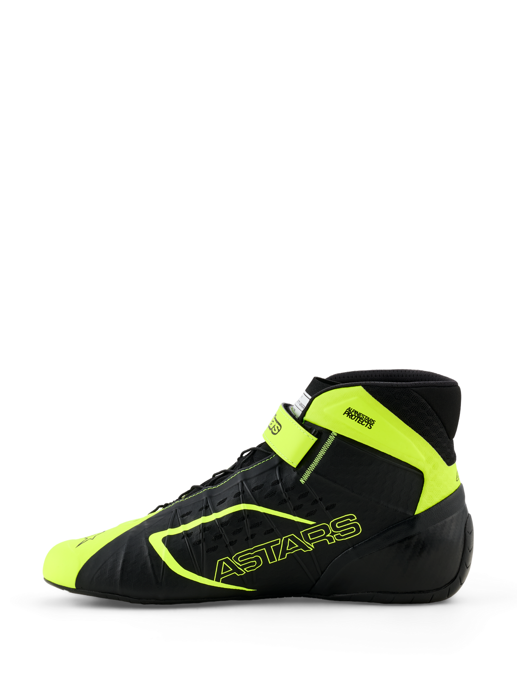 Alpinestars Tech-1 KX V3 Karting-Schuhe, Schwarz und Gelb Fluo, Seitenansicht mit nahtloser Thermo-Schweißkonstruktion, lasergeschnittenen Perforationen, leuchtend gelben Akzenten mit ASTARS-Branding und verstellbarem Knöchelriemen, schnittiges Motorsport-Design