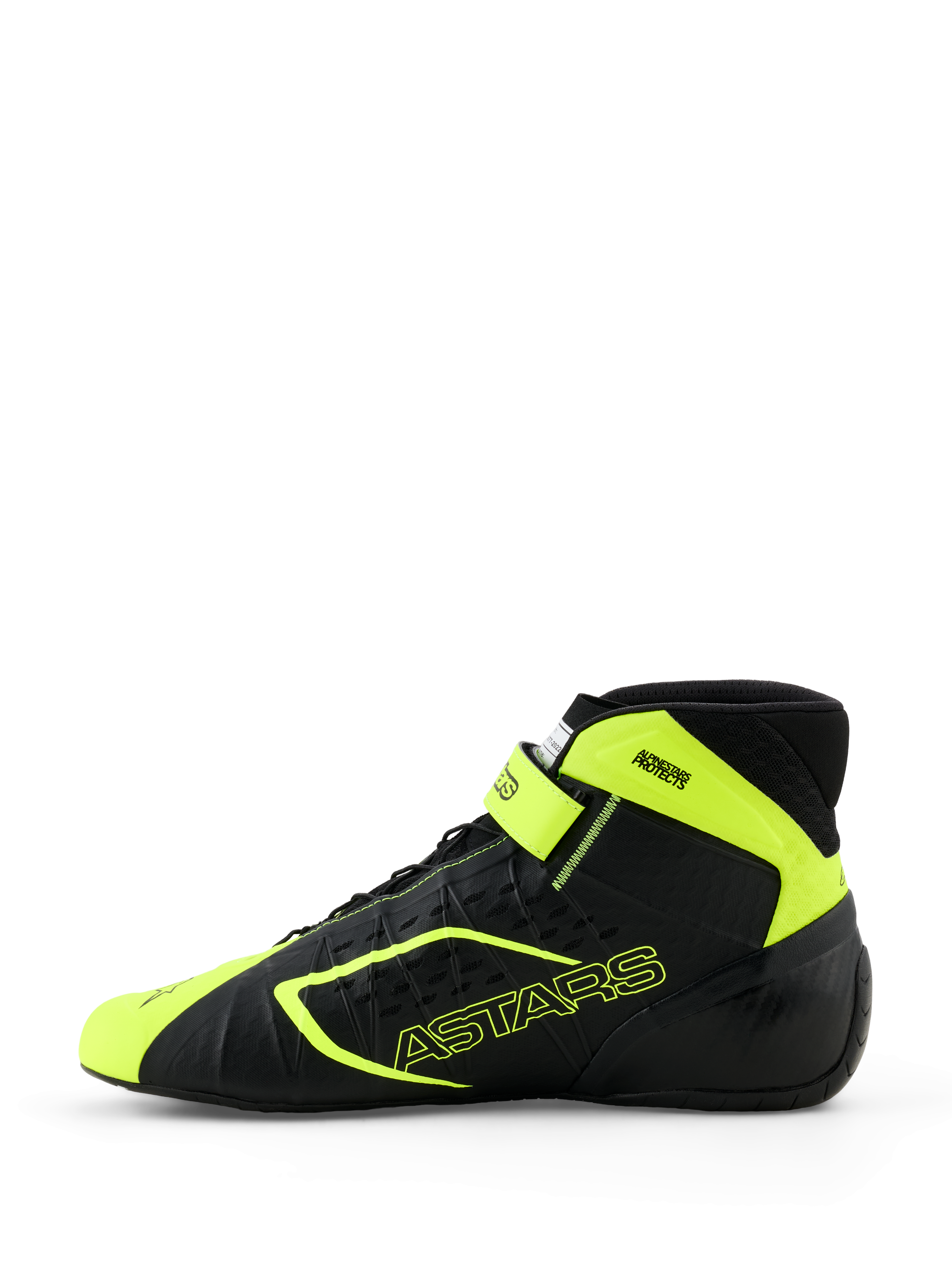 Alpinestars Tech-1 KX V3 Karting-Schuhe, Schwarz und Gelb Fluo, Seitenansicht mit nahtloser Thermo-Schweißkonstruktion, lasergeschnittenen Perforationen, leuchtend gelben Akzenten mit ASTARS-Branding und verstellbarem Knöchelriemen, schnittiges Motorsport-Design