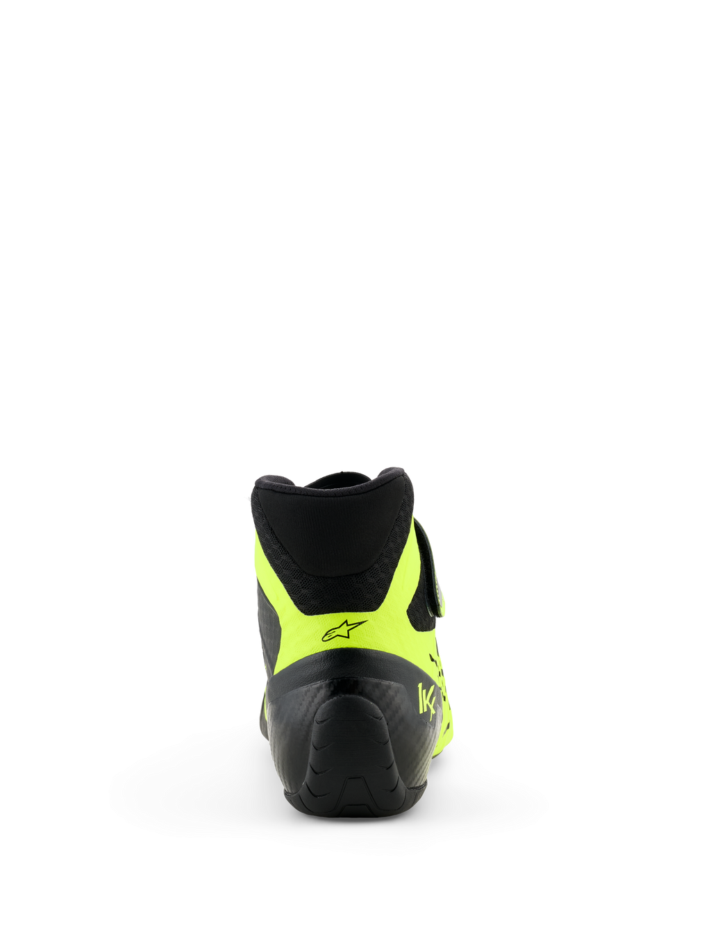 Alpinestars Tech-1 KX V3 Schuhe - FIA, Kart-Schuhe, Schwarz und Gelb Fluo, Rückansicht mit Fokus auf die Ferse, neongelbe Akzente mit schwarzem Stern-Logo und KX-Branding, professionelles Karting-Schuhwerk