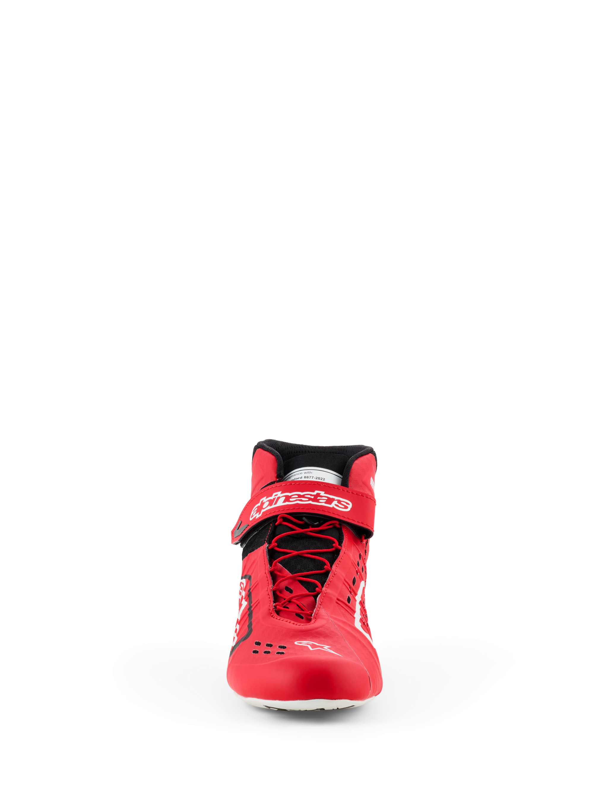 Alpinestars Tech-1 KX V3 Schoenen - FIA, kartingschoenen, rood en zwart, vooraanzicht met asymmetrische vetersluiting, klittenband enkelband met witte branding en strakke thermisch gelaste constructie