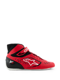 Alpinestars Tech-1 KX V3 Karting Shoes, Red and Black, side profile view with large white Alpinestars logo, asymmetric lacing system, velcro ankle strap, and lightweight seamless design for motorsport performance