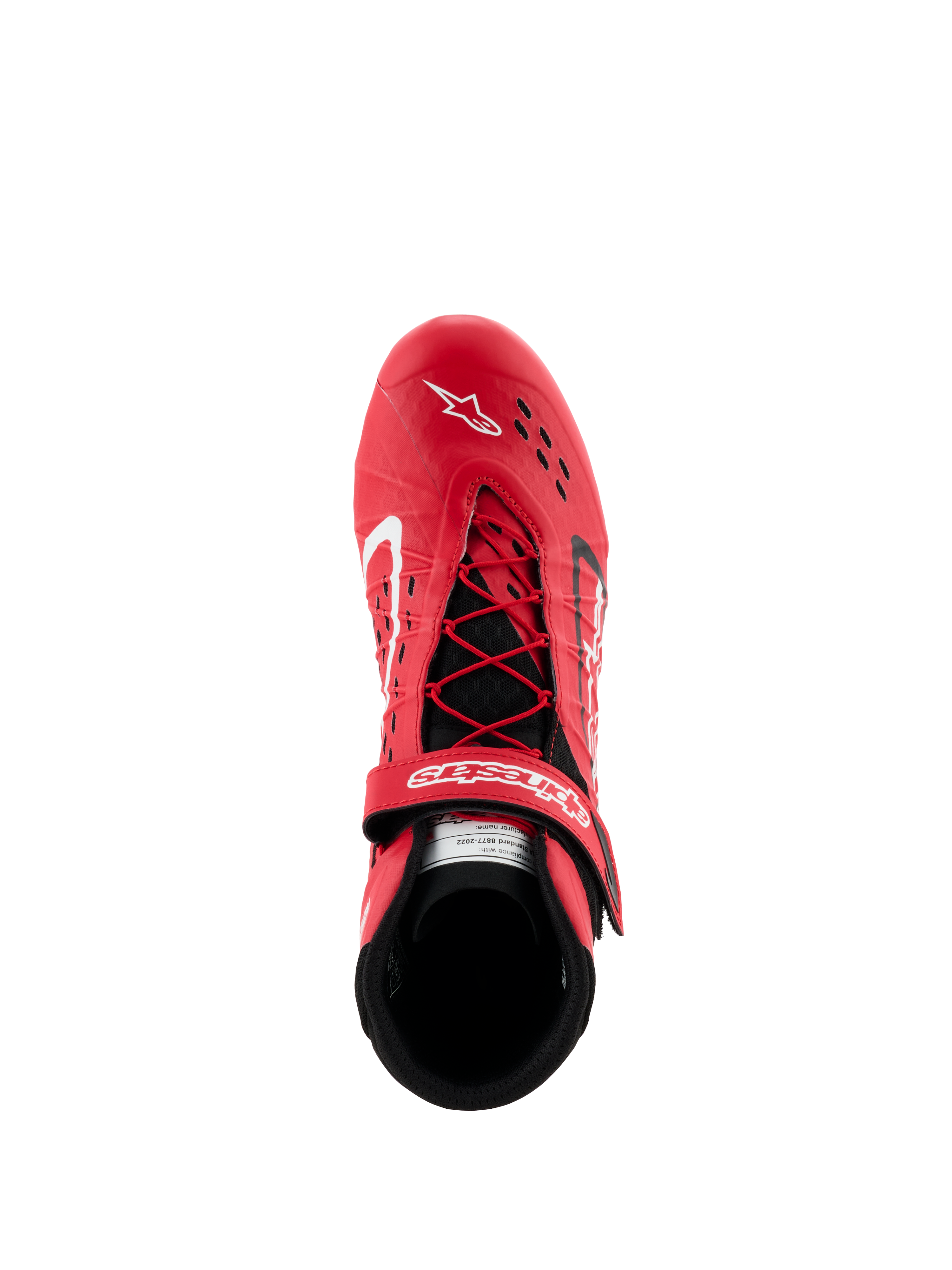 Alpinestars Tech-1 KX V3 Shoes - FIA, Red and Black Karting Shoes, top-down view showing asymmetric lacing system and adjustable velcro strap, perforated upper for breathability, lightweight performance racing footwear