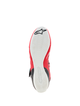 Alpinestars Tech-1 KX V3 Schoenen - FIA, kartschoenen, onderaanzicht met witte dunne rubberen buitenzool, gestructureerd grippatroon voor pedaalgevoeligheid, rode bovenranden, zwart Alpinestars sterlogo op de neus en reliëf branding op de hiel