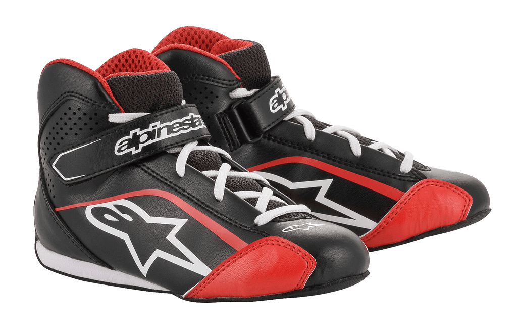 Alpinestars Youth Tech-1 K schoenen, kartschoenen, zwart, wit en rood, voorzien van een lichtgewicht microvezel bovenwerk met rode accenten, witte veters en een stevige klittenbandsluiting bij de enkel, ontworpen voor jeugd kartraces