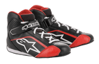 Alpinestars Youth Tech-1 K schoenen, kartschoenen, zwart, wit en rood, voorzien van een lichtgewicht microvezel bovenwerk met rode accenten, witte veters en een stevige klittenbandsluiting bij de enkel, ontworpen voor jeugd kartraces