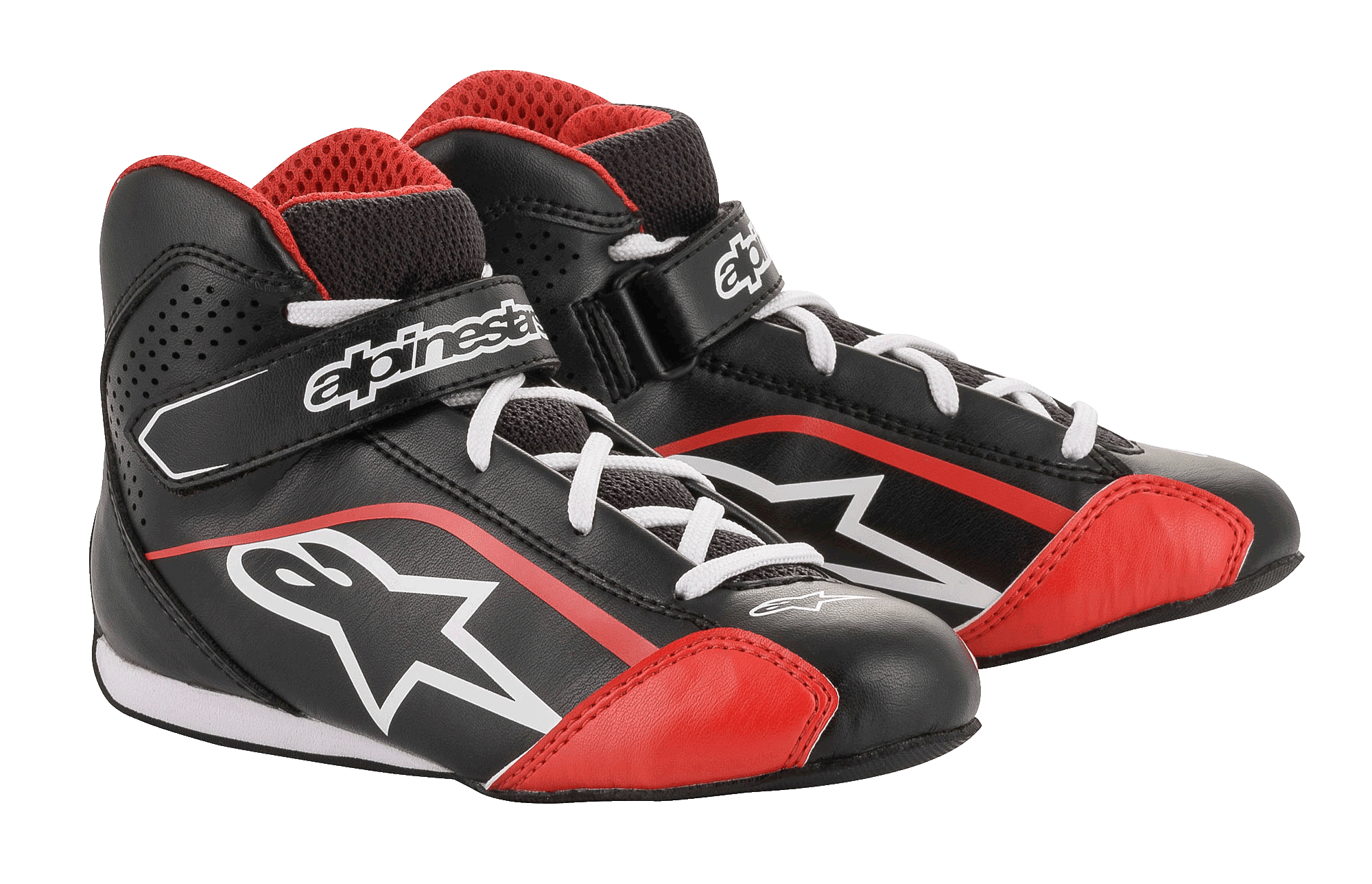 Alpinestars Youth Tech-1 K schoenen, kartschoenen, zwart, wit en rood, voorzien van een lichtgewicht microvezel bovenwerk met rode accenten, witte veters en een stevige klittenbandsluiting bij de enkel, ontworpen voor jeugd kartraces