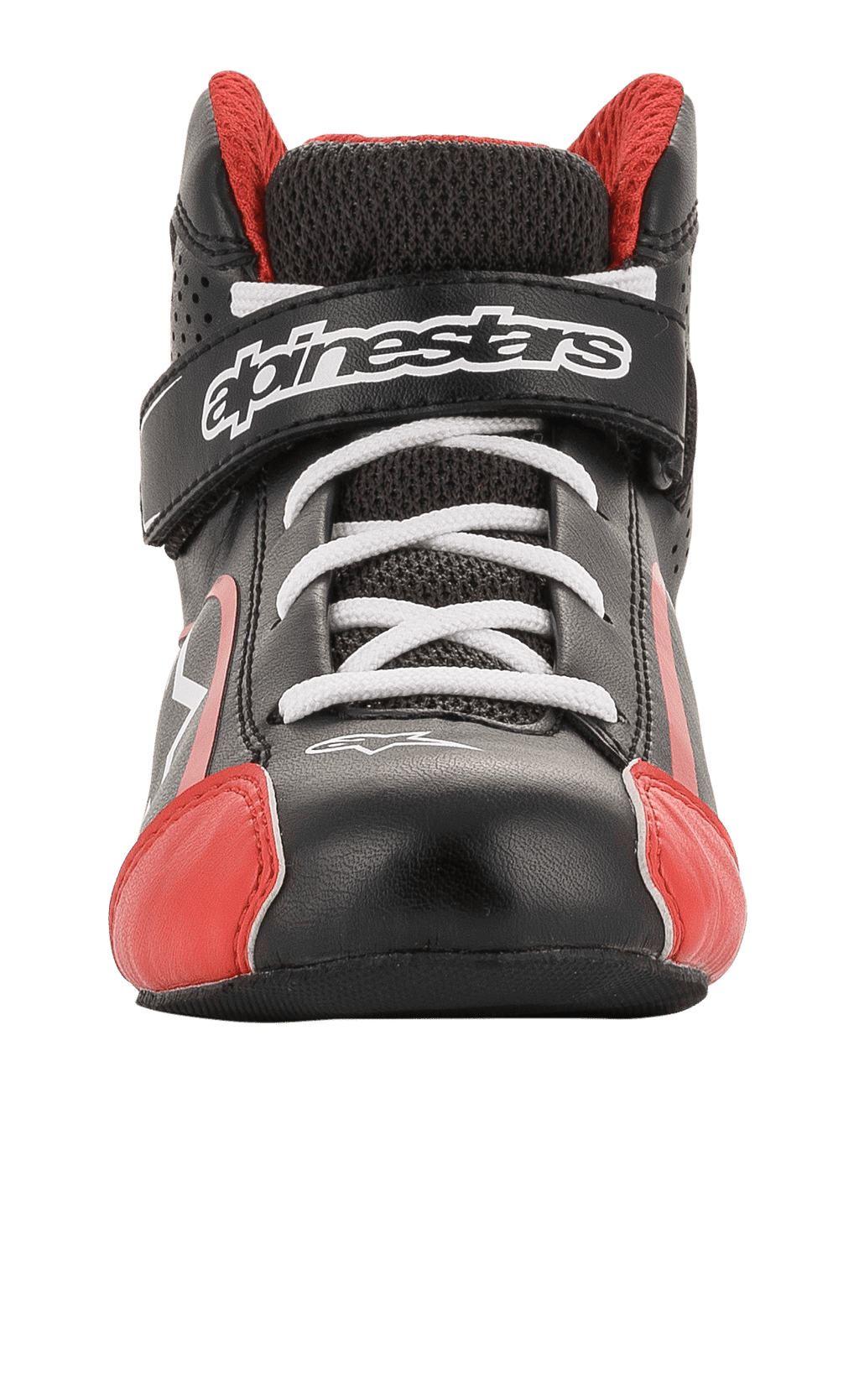 Alpinestars Youth Tech-1 K schoenen, kartingschoenen, zwart, wit en rood, vooraanzicht met witte veters en klittenbandsluiting met merklogo, rode accenten op de neus, lichtgewicht constructie van microvezel en mesh