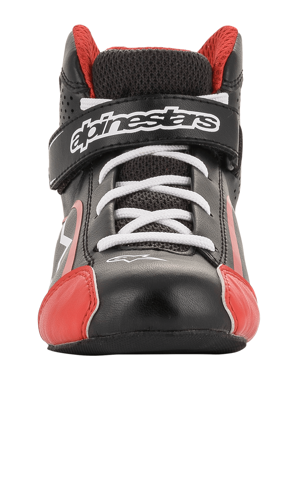 Alpinestars Youth Tech-1 K schoenen, kartingschoenen, zwart, wit en rood, vooraanzicht met witte veters en klittenbandsluiting met merklogo, rode accenten op de neus, lichtgewicht constructie van microvezel en mesh