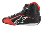 Alpinestars Youth Tech-1 K schoenen, kartschoenen, zwart, wit en rood, zijprofiel met wit sterlogo, rode mesh kraag, witte veters en enkelbandje, lichtgewicht microvezel- en mesh-ontwerp voor racen