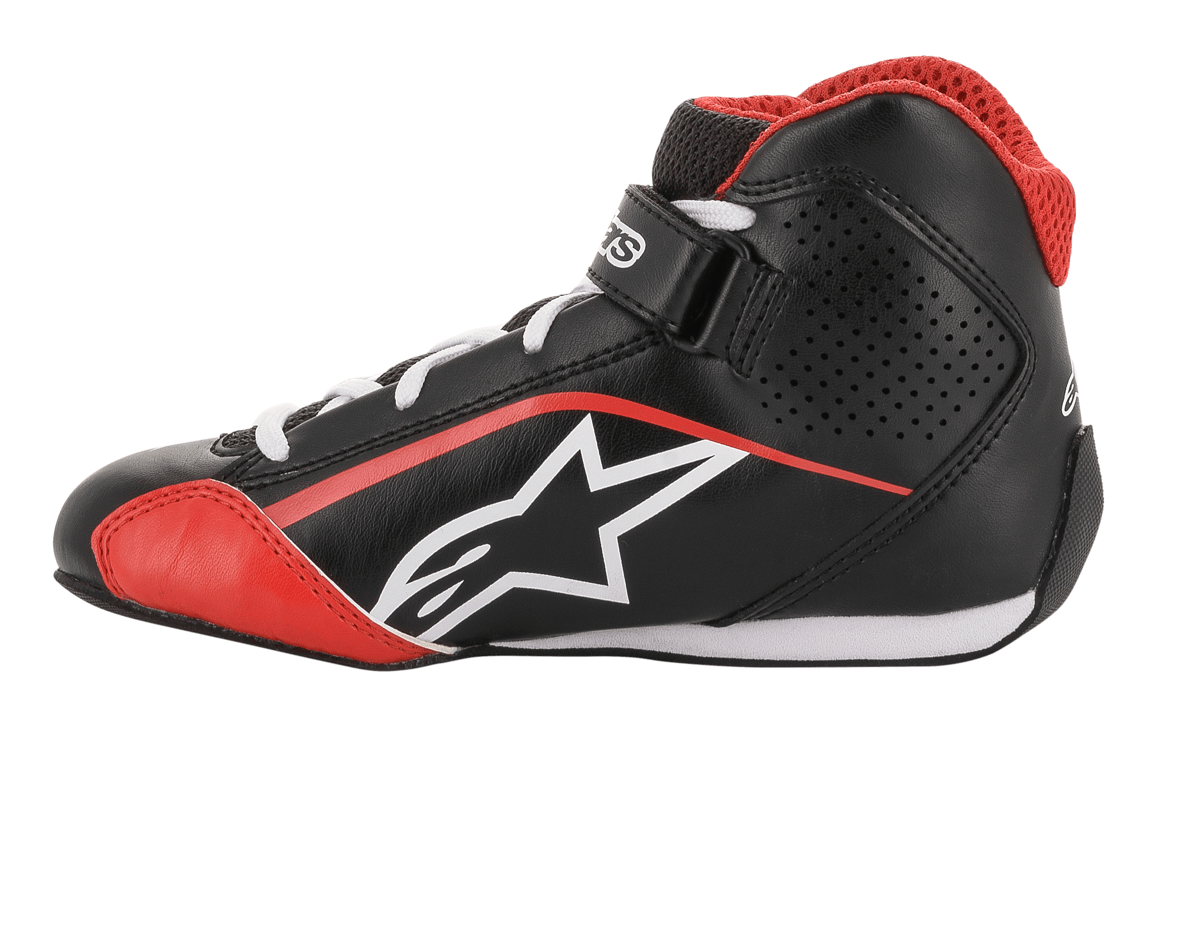 Alpinestars Youth Tech-1 K schoenen, kartschoenen, zwart, wit en rood, zijprofiel met wit sterlogo, rode mesh kraag, witte veters en enkelbandje, lichtgewicht microvezel- en mesh-ontwerp voor racen