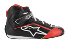 Alpinestars Jeugd Tech-1 K Schoenen, kartschoenen, zwart, wit en rood, zijprofiel met microvezelconstructie, wit Alpinestars-logo, klittenbandsluiting aan de enkel en geperforeerde zijpanelen voor ventilatie.