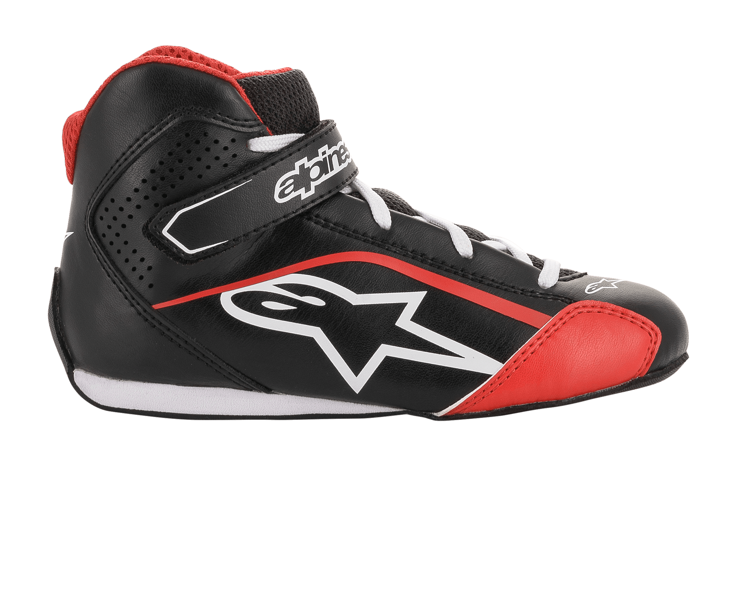 Alpinestars Jeugd Tech-1 K Schoenen, kartschoenen, zwart, wit en rood, zijprofiel met microvezelconstructie, wit Alpinestars-logo, klittenbandsluiting aan de enkel en geperforeerde zijpanelen voor ventilatie.
