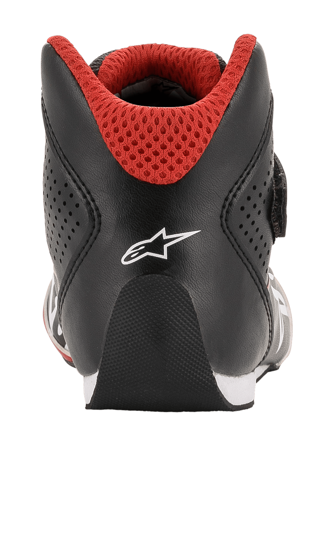 Alpinestars Youth Tech-1 K schoenen, kartschoenen, zwart, wit en rood, achteraanzicht met afgeronde hiel, wit Alpinestars-logo en rode 3D mesh-kraag voor kartracen