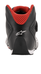 Alpinestars Youth Tech-1 K schoenen, kartschoenen, zwart, wit en rood, achteraanzicht met afgeronde hiel, wit Alpinestars-logo en rode 3D mesh-kraag voor kartracen