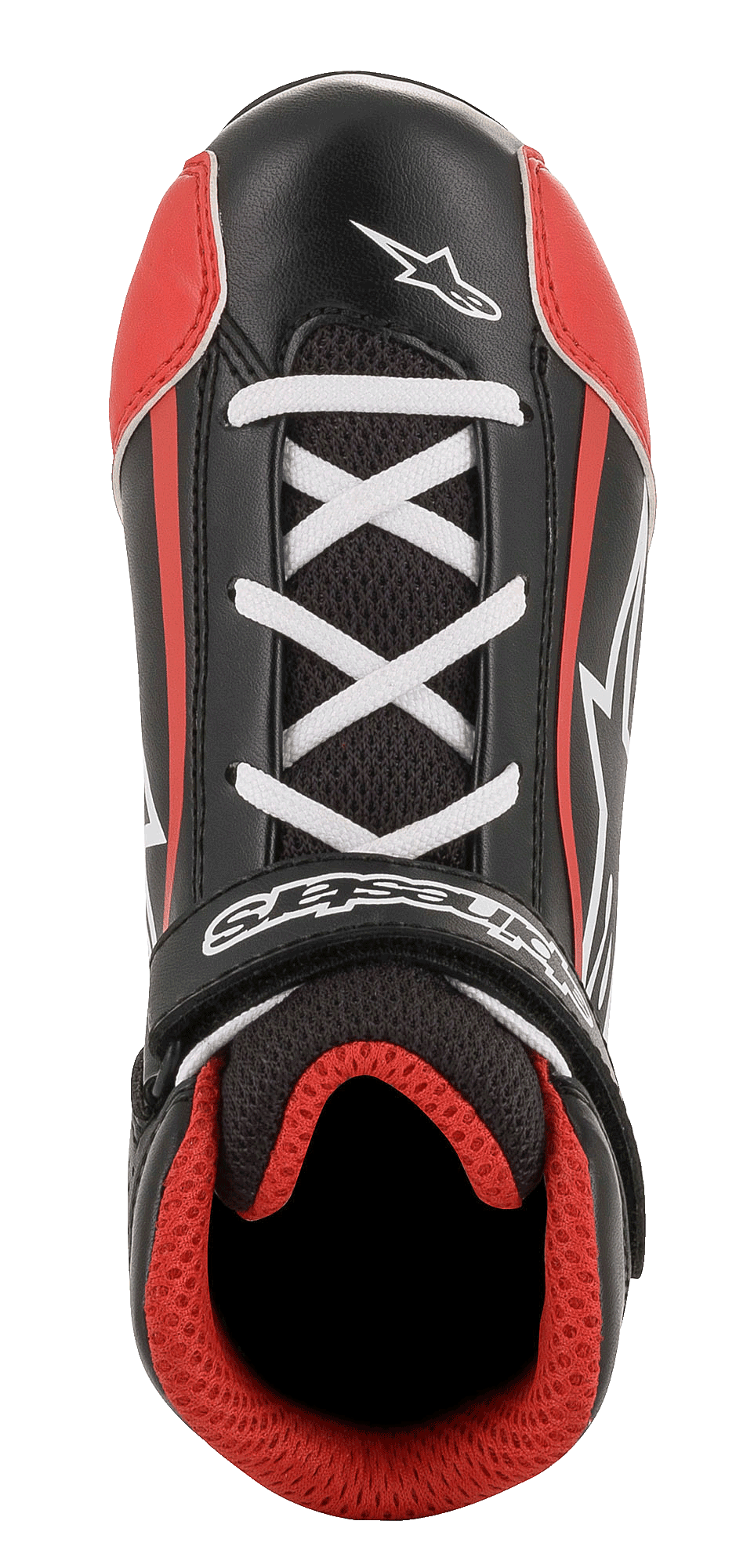 Alpinestars Jeugd Tech-1 K Schoenen, kartschoenen, zwart, wit en rood, bovenaanzicht met witte gekruiste veters, zwarte klittenbandsluiting met logo, rode 3D-mesh voering, duurzame constructie van microvezel en mesh