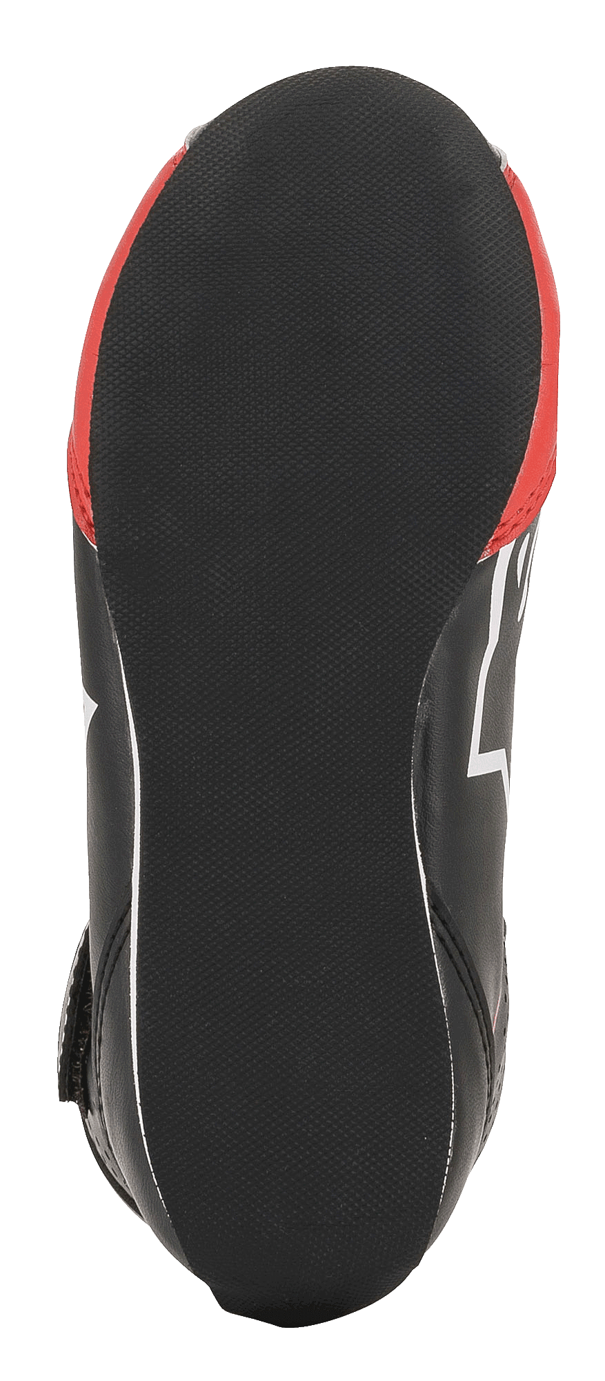 Alpinestars Youth Tech-1 K schoenen, kartingschoenen, zwart, wit en rood, onderaanzicht met de getextureerde zwarte rubberen zool, afgeronde hiel voor pedaalgevoeligheid en rode zij-accenten.