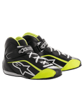 Alpinestars Youth Tech-1 K Shoes, Karting Racing Shoes, Black and Fluorescent Yellow, high-top design with white laces, hook-and-loop strap with branding, star logo on the side, and perforated panels.