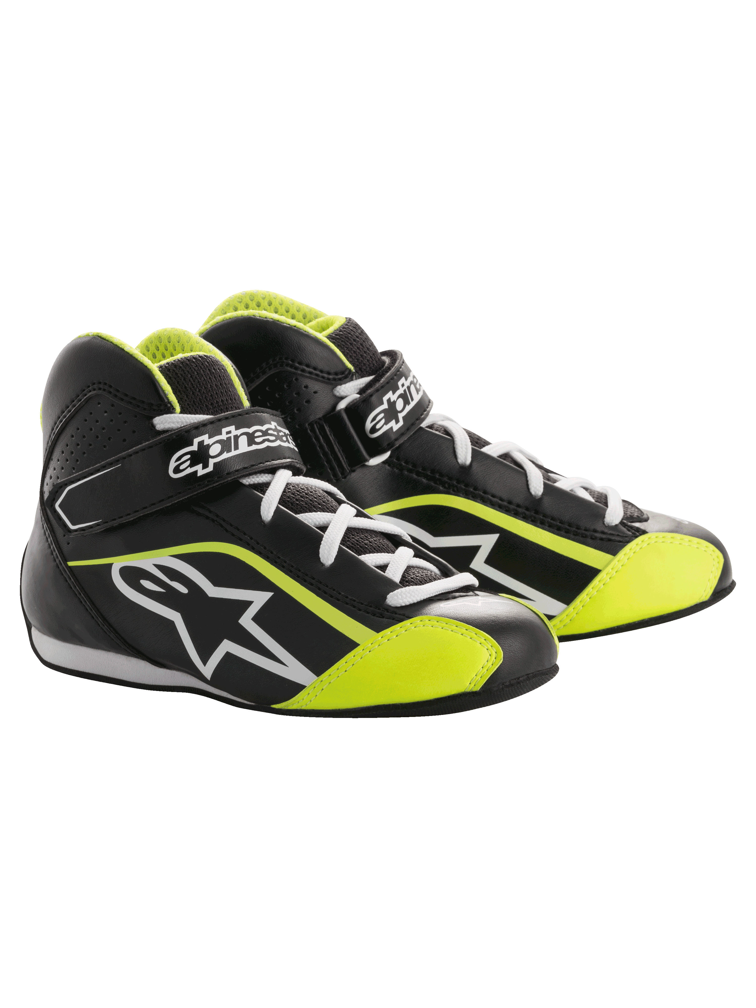 Alpinestars Youth Tech-1 K Shoes, Karting Racing Shoes, Black and Fluorescent Yellow, high-top design with white laces, hook-and-loop strap with branding, star logo on the side, and perforated panels.