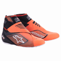 Alpinestars Tech-1 KZ V2 Shoes, Karting Racing Shoes, Black and Orange Fluo, high-top design with knitted upper and white Astars logo, black mesh panels, textured overlays, thin white soles, dual hook and loop closures, aerodynamic performance footwear