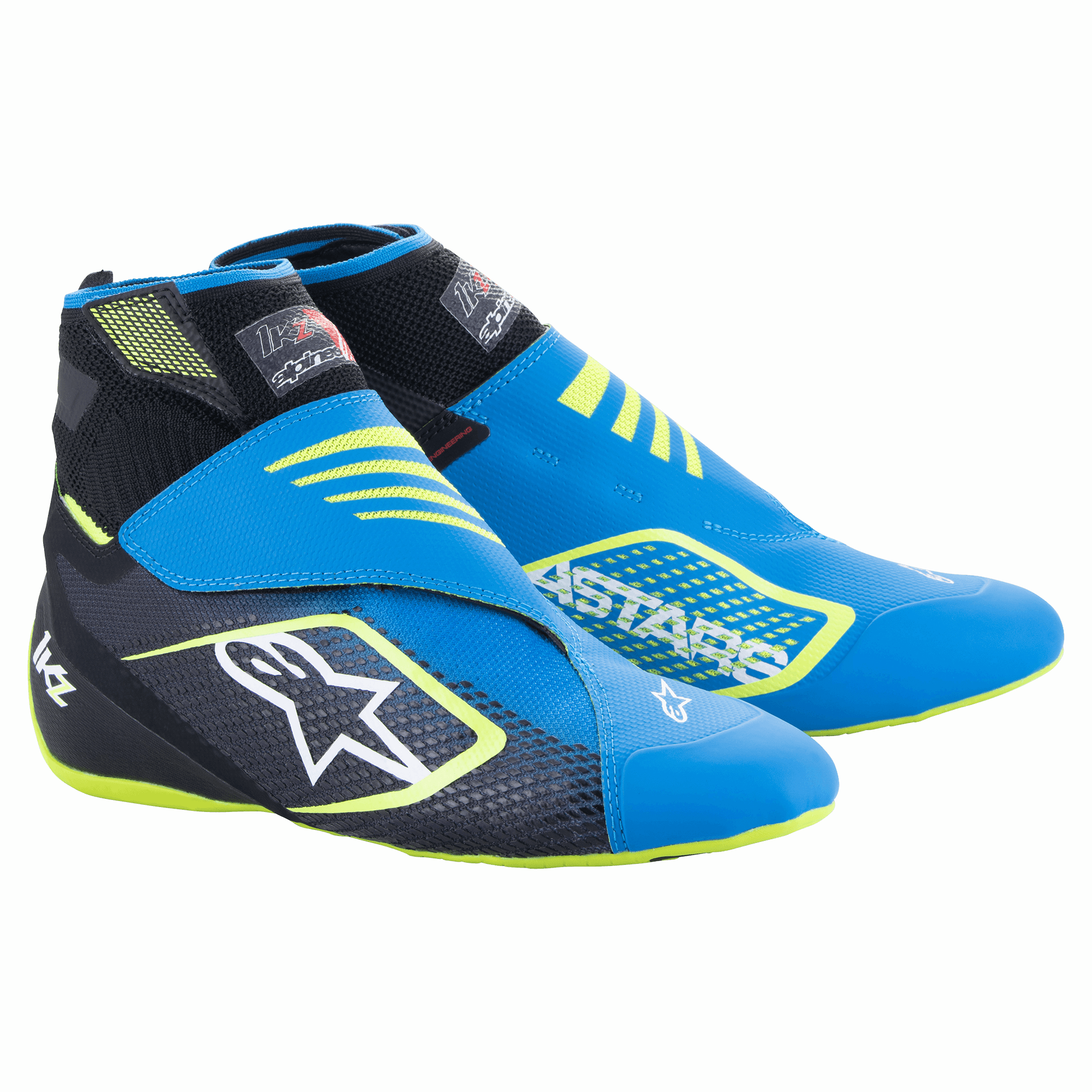 Alpinestars Tech-1 KZ V2 Karting Shoes, Blue Black and Yellow Fluo, featuring a seamless knitted upper, dual ankle strap closure, large white star logo on the side, sleek lightweight design for motorsport
