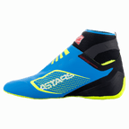 Alpinestars Tech-1 KZ V2 Shoes, Karting Shoes, Enamel Blue with Black and Yellow Fluo accents, side profile view featuring seamless knitted upper construction and Formula 1-derived thin rubber outsole, bold ASTARS logo on the side.