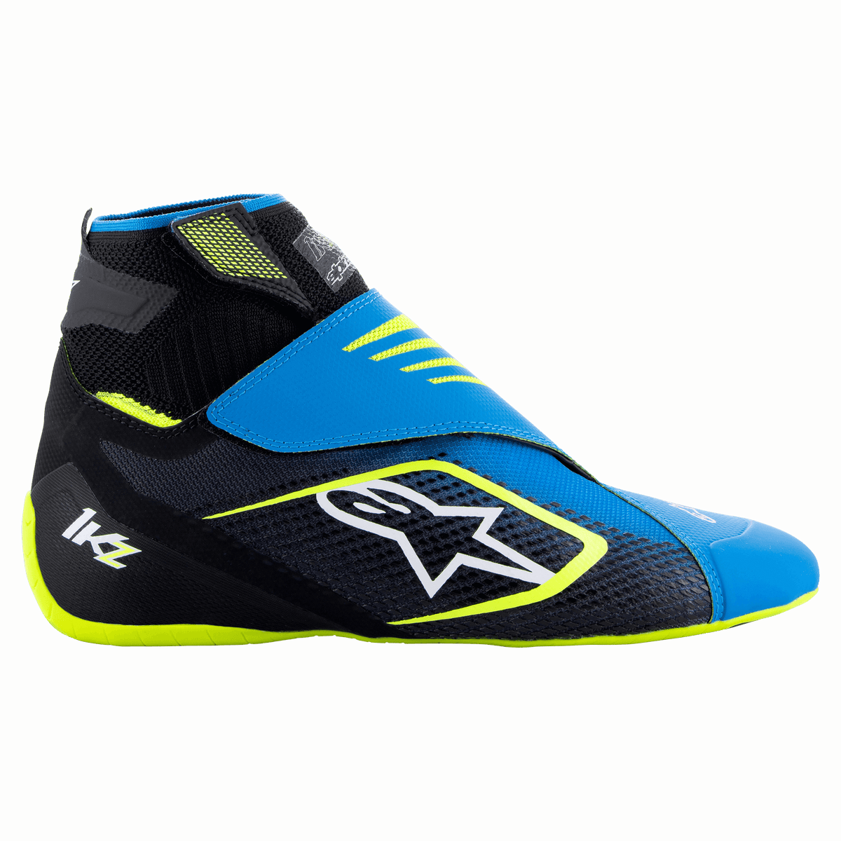 Alpinestars Tech-1 KZ V2 schoenen, kartingschoenen, zwart, enamel blauw en fluogeel, zijaanzicht met het gebreide bovenwerk, dubbele klittenbandsluiting en prominent wit Alpinestars-logo, ontworpen voor pedaalgevoeligheid in de autosport