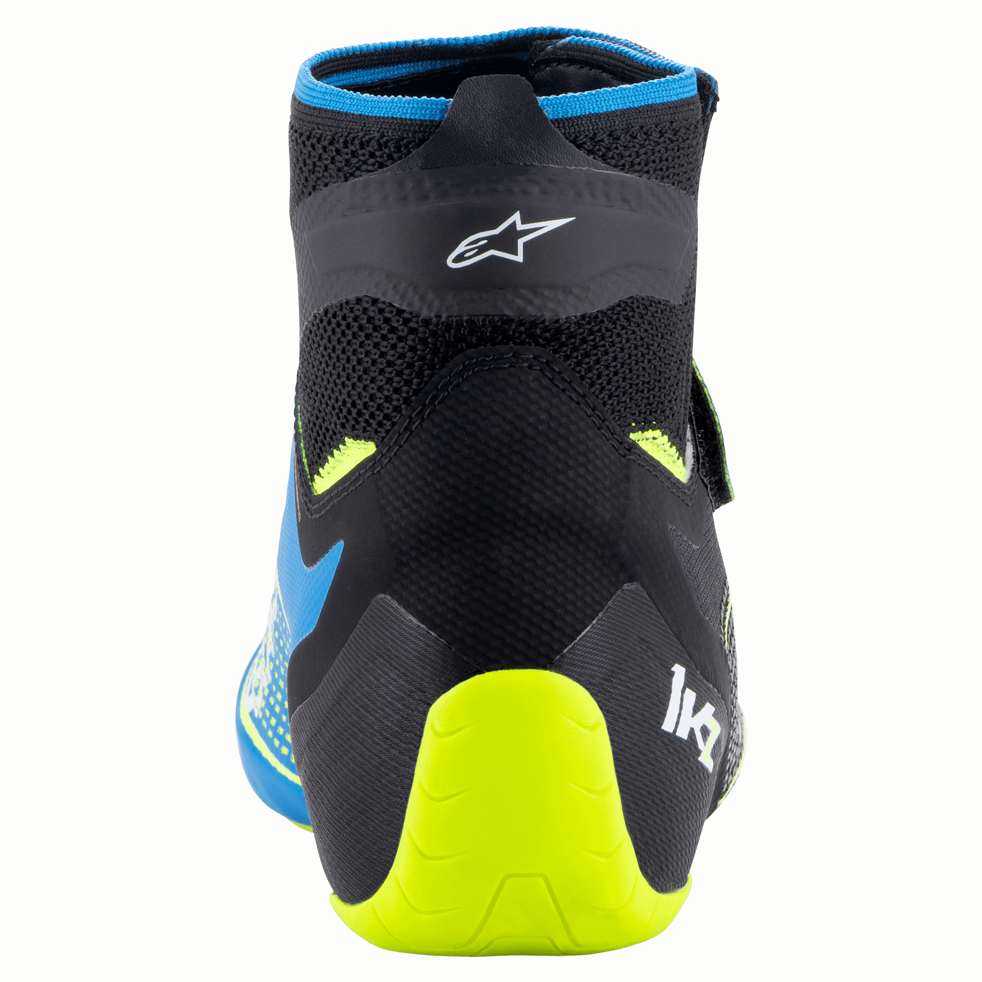 Alpinestars Tech-1 KZ V2 Shoes, Karting Shoes, Black Enamel Blue and Yellow Fluo, Rear view showing the knitted upper construction, Alpinestars logo, and bright yellow fluo heel support