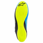 Alpinestars Tech-1 KZ V2 Karting Shoes, Black Enamel Blue and Yellow Fluo, bottom view of the thin fluo yellow rubber outsole, textured grip pattern with Alpinestars logos, designed for pedal sensitivity