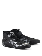 Chaussures Alpinestars Tech-1 Z V3 FIA, chaussures de course automobile, noir et argent, cuir de bovin premium avec logo Alpinestars argenté, profil bas avec système de laçage rapide et bride Velcro