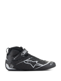 Alpinestars Tech-1 Z V3 Shoes FIA, chaussures de course automobile noir et argent, profil latéral au design montant avec logo étoile argenté, fermeture par sangle Velcro intégrée, système de laçage rapide, empiècements en cuir perforé pour la respirabilité, chaussures de sport automobile professionnelles certifiées FIA