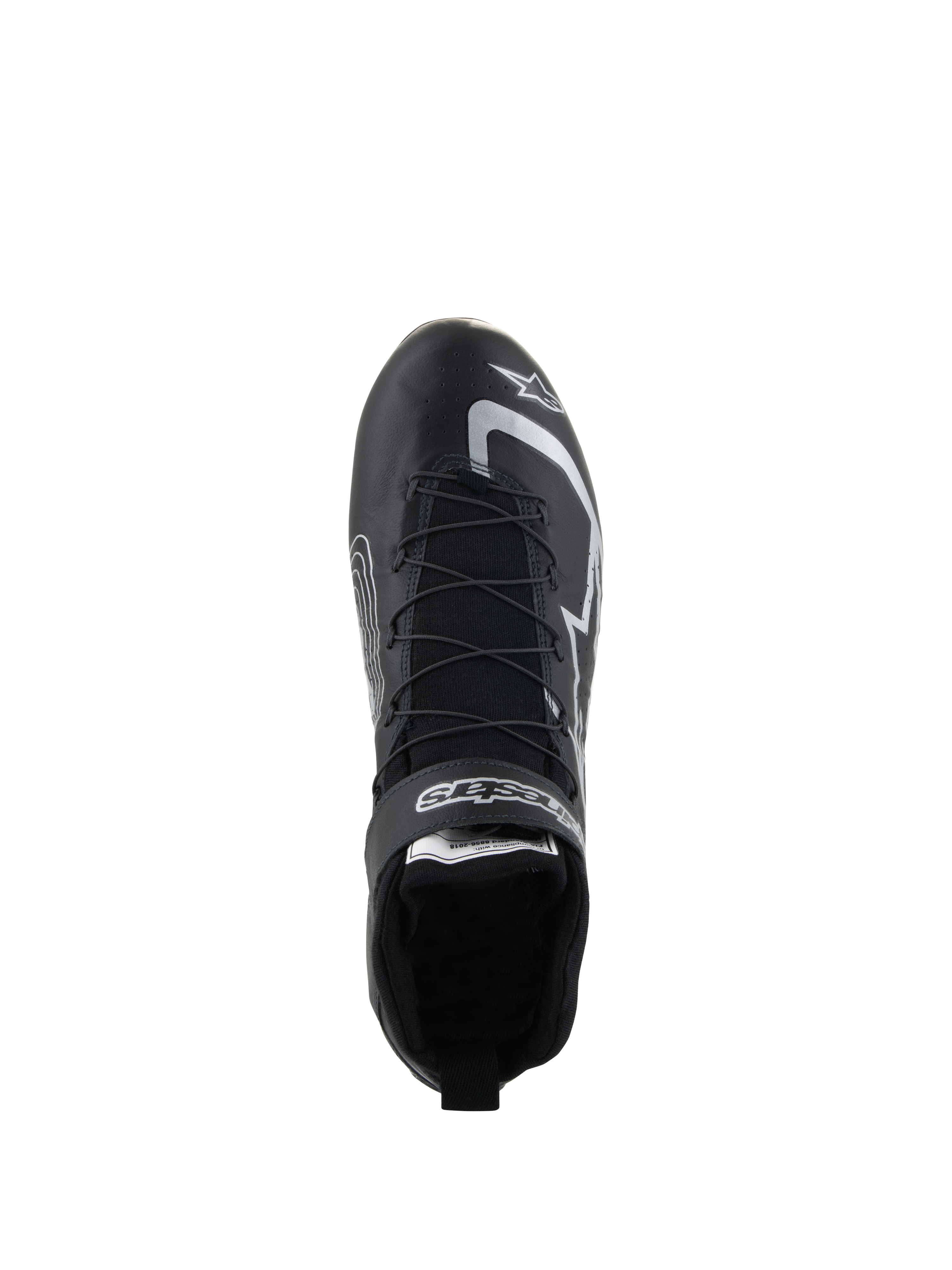 Chaussures Alpinestars Tech-1 Z V3 FIA, chaussures de course automobile, noir et argent, vue de dessus montrant le système de laçage rapide et le logo Alpinestars, chaussures de sport automobile professionnelles en cuir de bovin