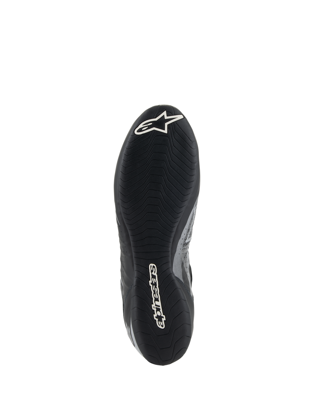 Chaussures Alpinestars Tech-1 Z V3 FIA, vue de la semelle de la chaussure de course Noir Argent, dotées d'une semelle extérieure fine en caoutchouc dérivée de la F1 avec bande de roulement asymétrique, marquage blanc comprenant le logo Astar et le lettrage Alpinestars