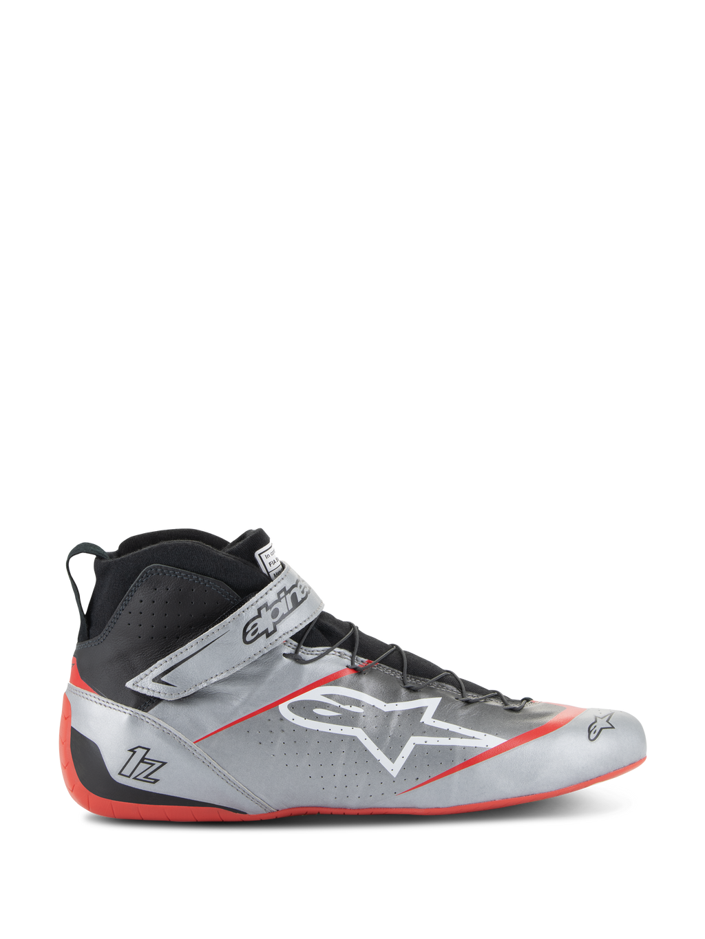 Chaussures de course Alpinestars Tech-1 Z V3 FIA, argent foncé avec accents noirs et rouges, design montant avec logo étoile blanc, semelle rouge, cuir perforé pour la ventilation et fermeture par sangle Velcro