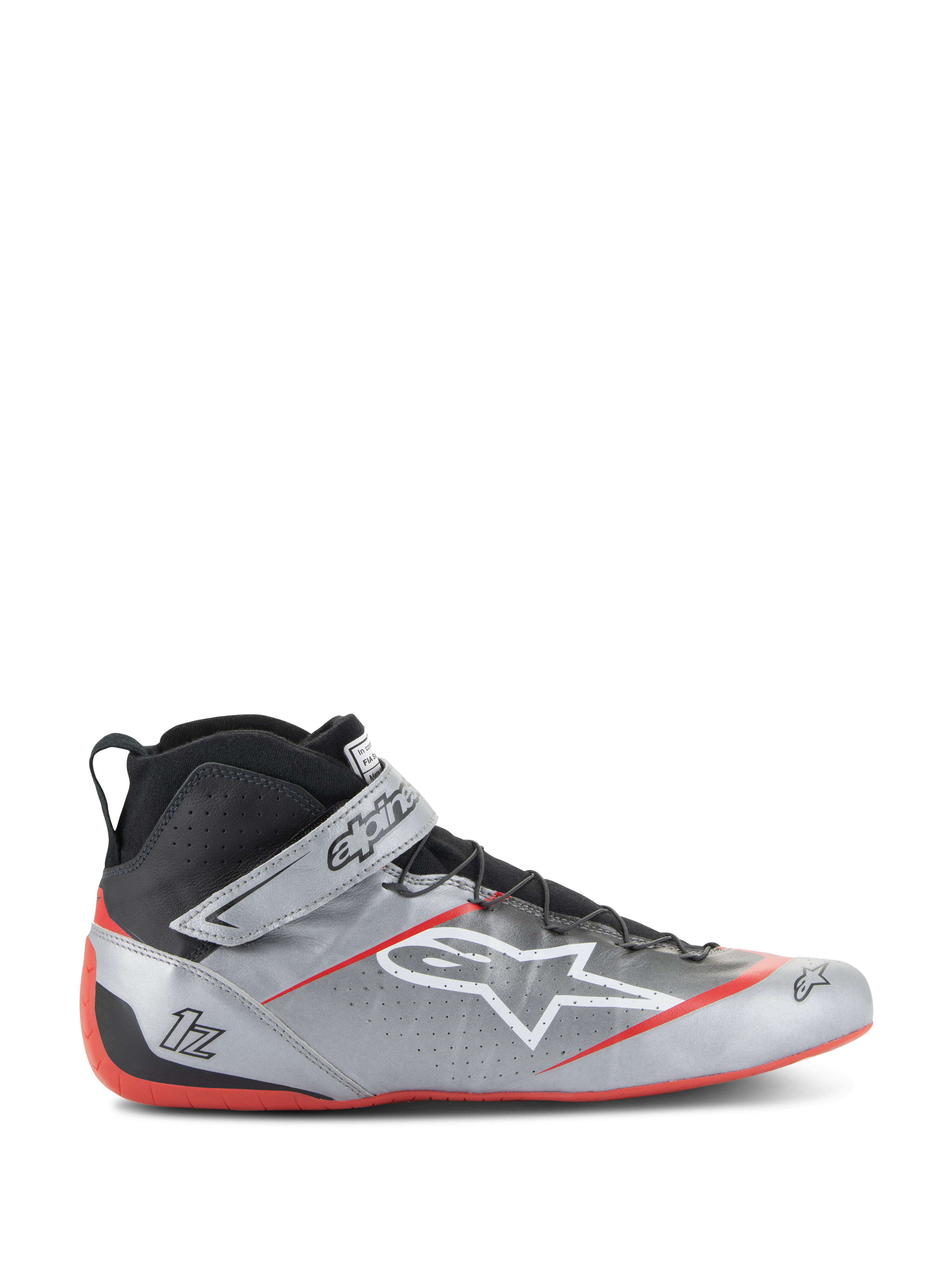 Chaussures de course Alpinestars Tech-1 Z V3 FIA, argent foncé avec accents noirs et rouges, design montant avec logo étoile blanc, semelle rouge, cuir perforé pour la ventilation et fermeture par sangle Velcro