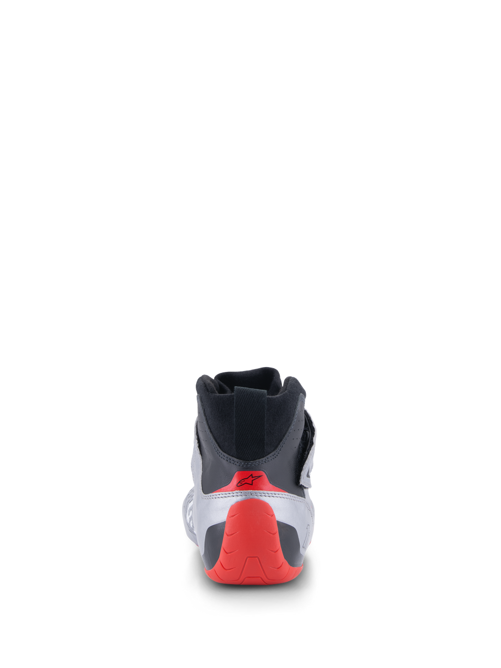 Chaussures Alpinestars Tech-1 Z V3 FIA, chaussures de course automobile, vue arrière en argent foncé, noir et rouge, dotées d'une coupelle de talon thermoformée rouge et d'un col tricoté noir, chaussures de sport automobile professionnelles