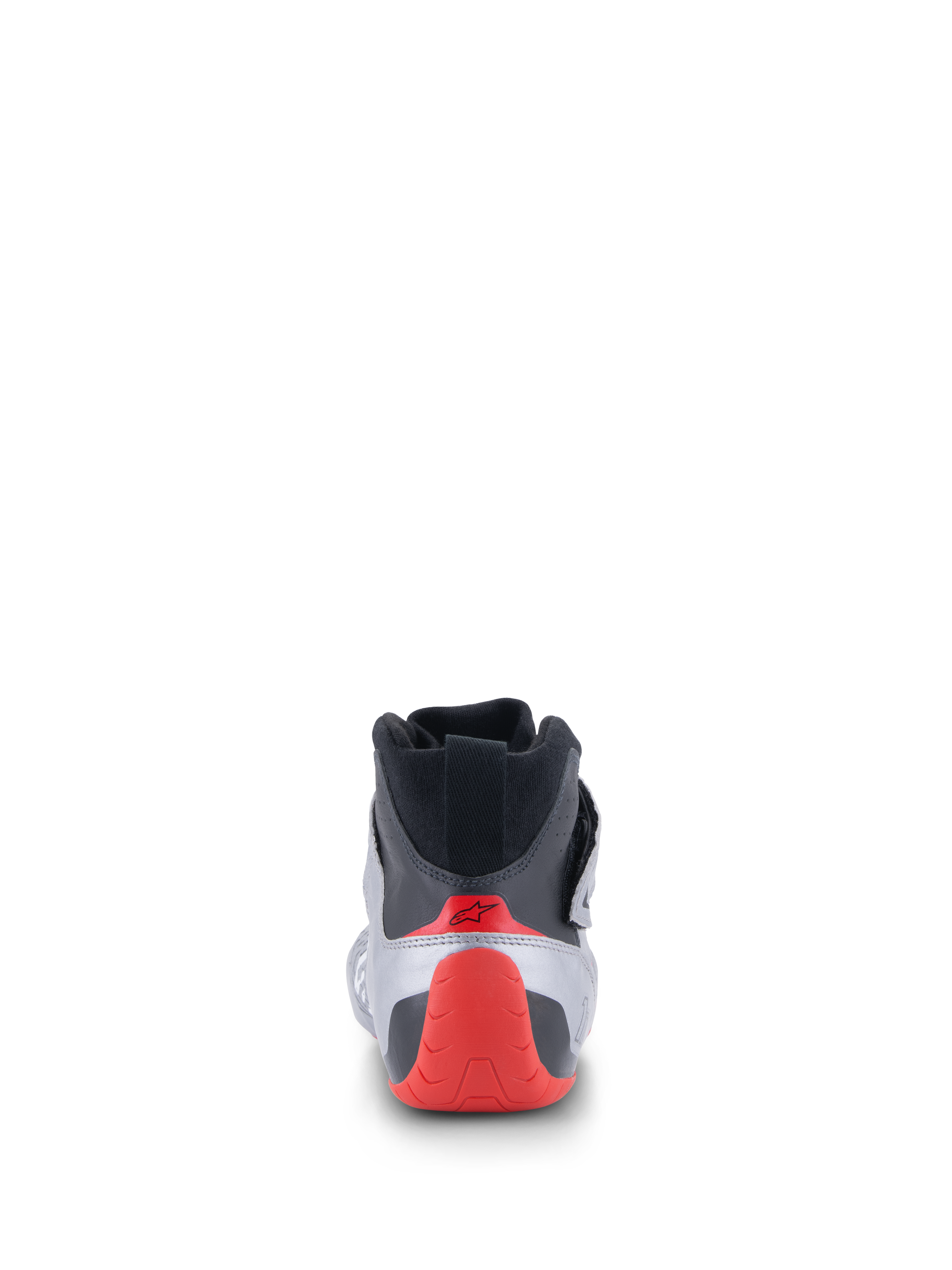 Chaussures Alpinestars Tech-1 Z V3 FIA, chaussures de course automobile, vue arrière en argent foncé, noir et rouge, dotées d'une coupelle de talon thermoformée rouge et d'un col tricoté noir, chaussures de sport automobile professionnelles