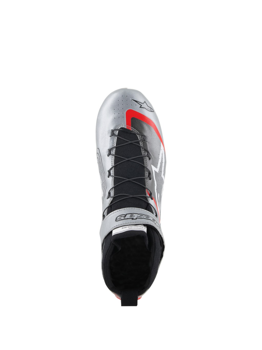 Chaussures Alpinestars Tech-1 Z V3 FIA, chaussures de sport automobile, argent foncé avec accents noir et rouge, vue de dessus montrant le système de laçage rapide, languette tricotée noire et finition en cuir métallisé avec logo distinctif