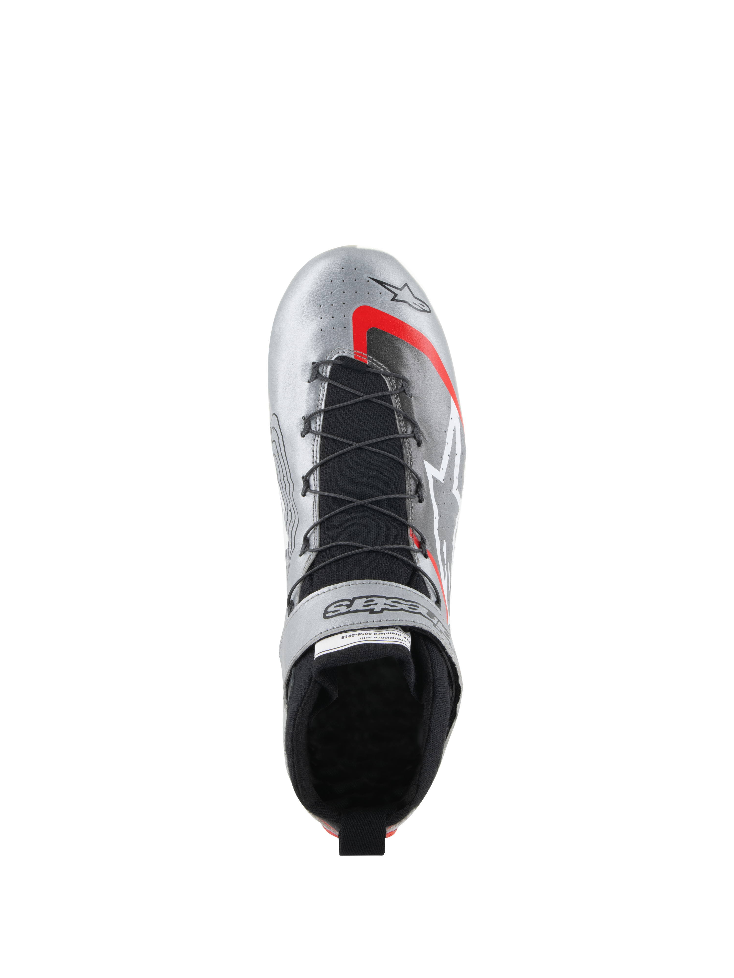 Chaussures Alpinestars Tech-1 Z V3 FIA, chaussures de sport automobile, argent foncé avec accents noir et rouge, vue de dessus montrant le système de laçage rapide, languette tricotée noire et finition en cuir métallisé avec logo distinctif