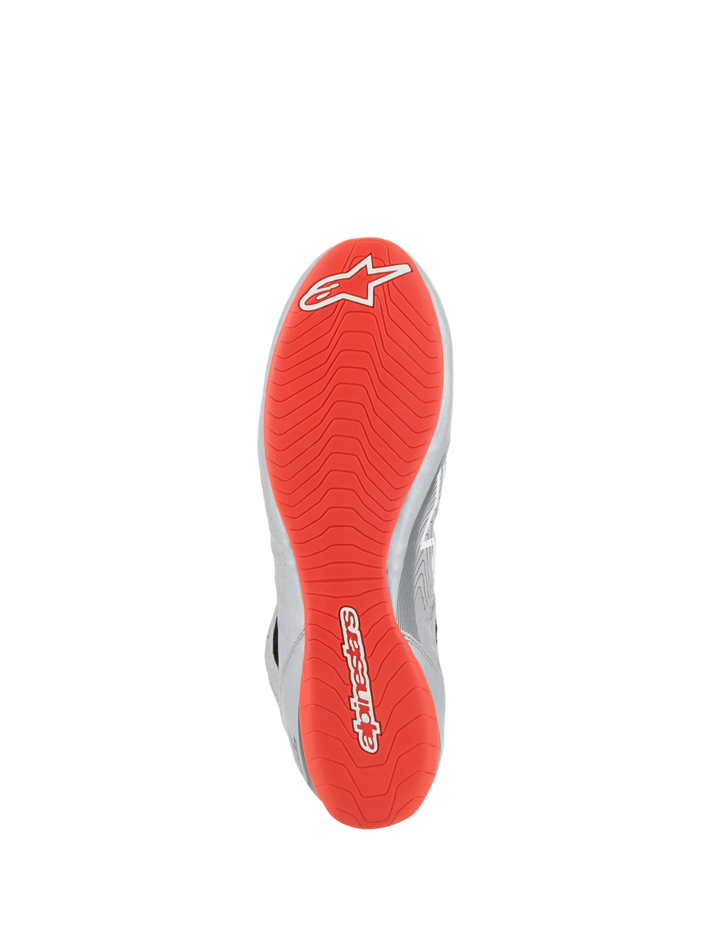 Alpinestars Tech-1 Z V3 Shoes FIA, chaussures de course automobile, argent foncé, noir et rouge, vue de dessous montrant la semelle extérieure en caoutchouc rouge vif avec logos Alpinestars blancs, motif de semelle texturé asymétrique pour l'adhérence, accents en cuir argenté sur le côté