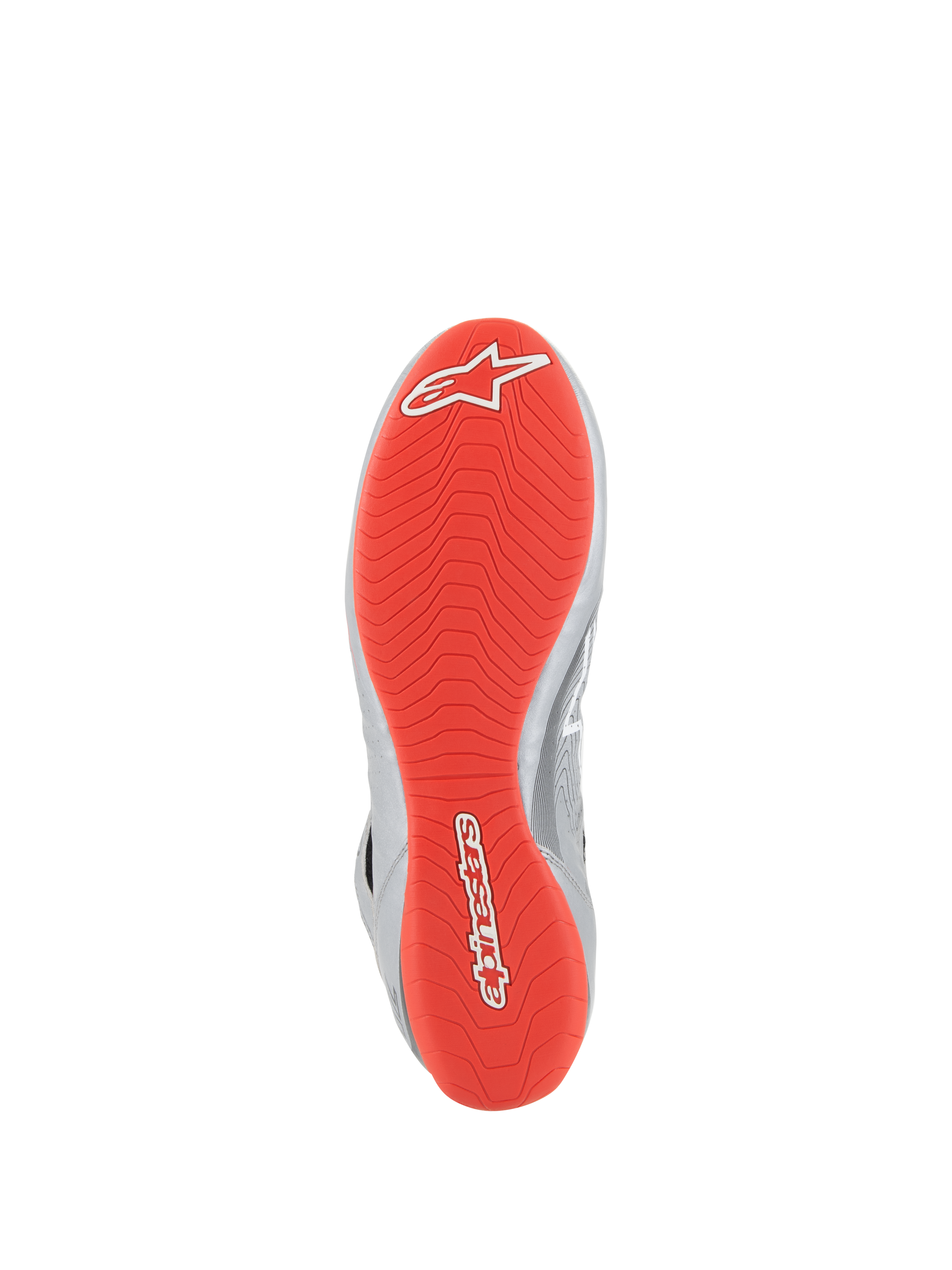 Alpinestars Tech-1 Z V3 Shoes FIA, chaussures de course automobile, argent foncé, noir et rouge, vue de dessous montrant la semelle extérieure en caoutchouc rouge vif avec logos Alpinestars blancs, motif de semelle texturé asymétrique pour l'adhérence, accents en cuir argenté sur le côté