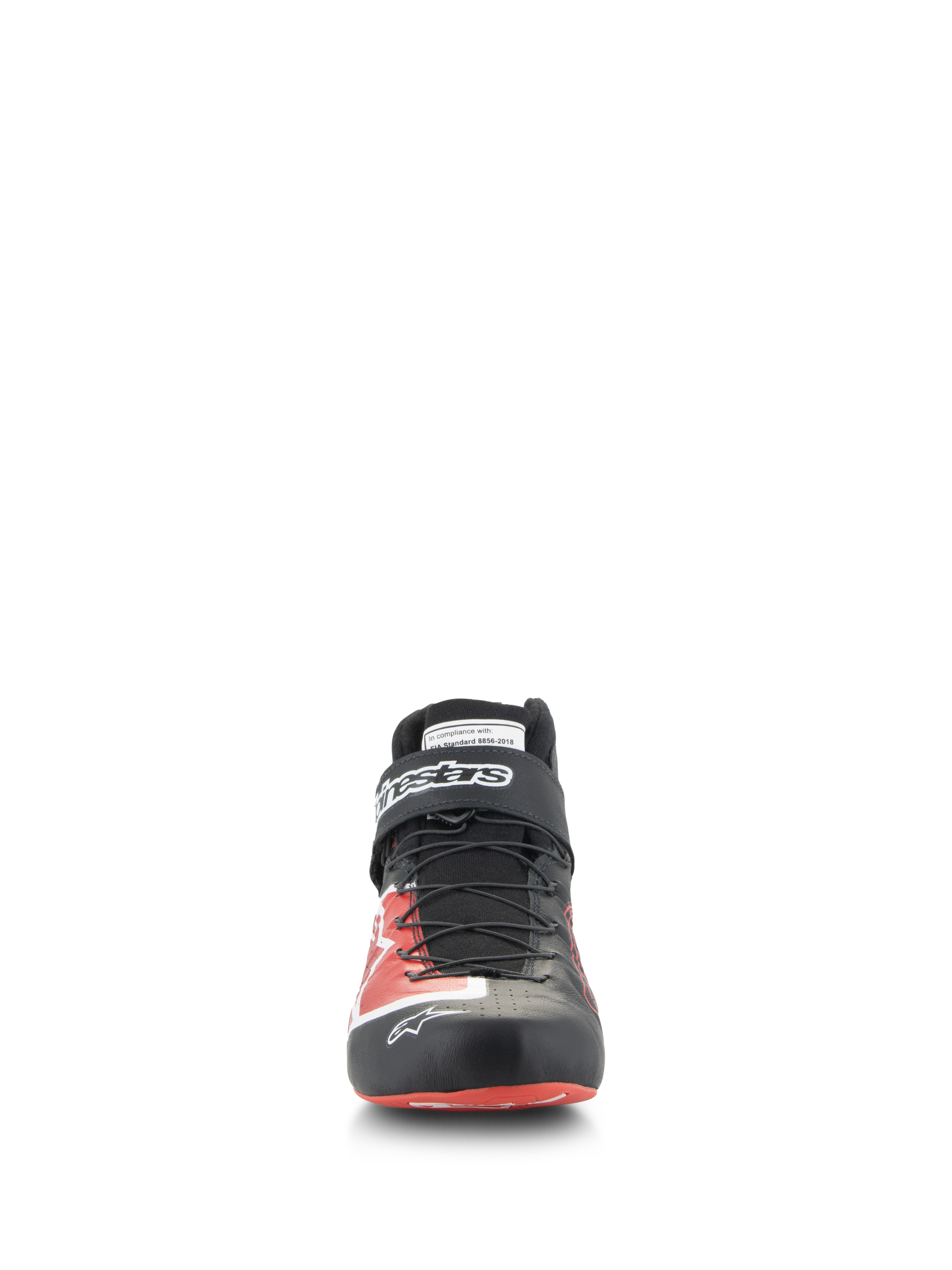 Chaussures Alpinestars Tech-1 Z V3 FIA, chaussures de course automobile, noir et rouge, vue de face, avec système de laçage rapide, sangle velcro à la cheville avec logo blanc et tige en cuir premium avec motifs rouges, équipement professionnel de sport automobile