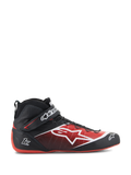 Alpinestars Tech-1 Z V3 Shoes FIA, chaussures de course automobile, noires et rouges, design montant avec logo étoile blanche, finition brillante avec perforations texturées, semelle rouge courbée, certifiées FIA, sangle de cheville avec logo, chaussures de sport automobile aérodynamiques