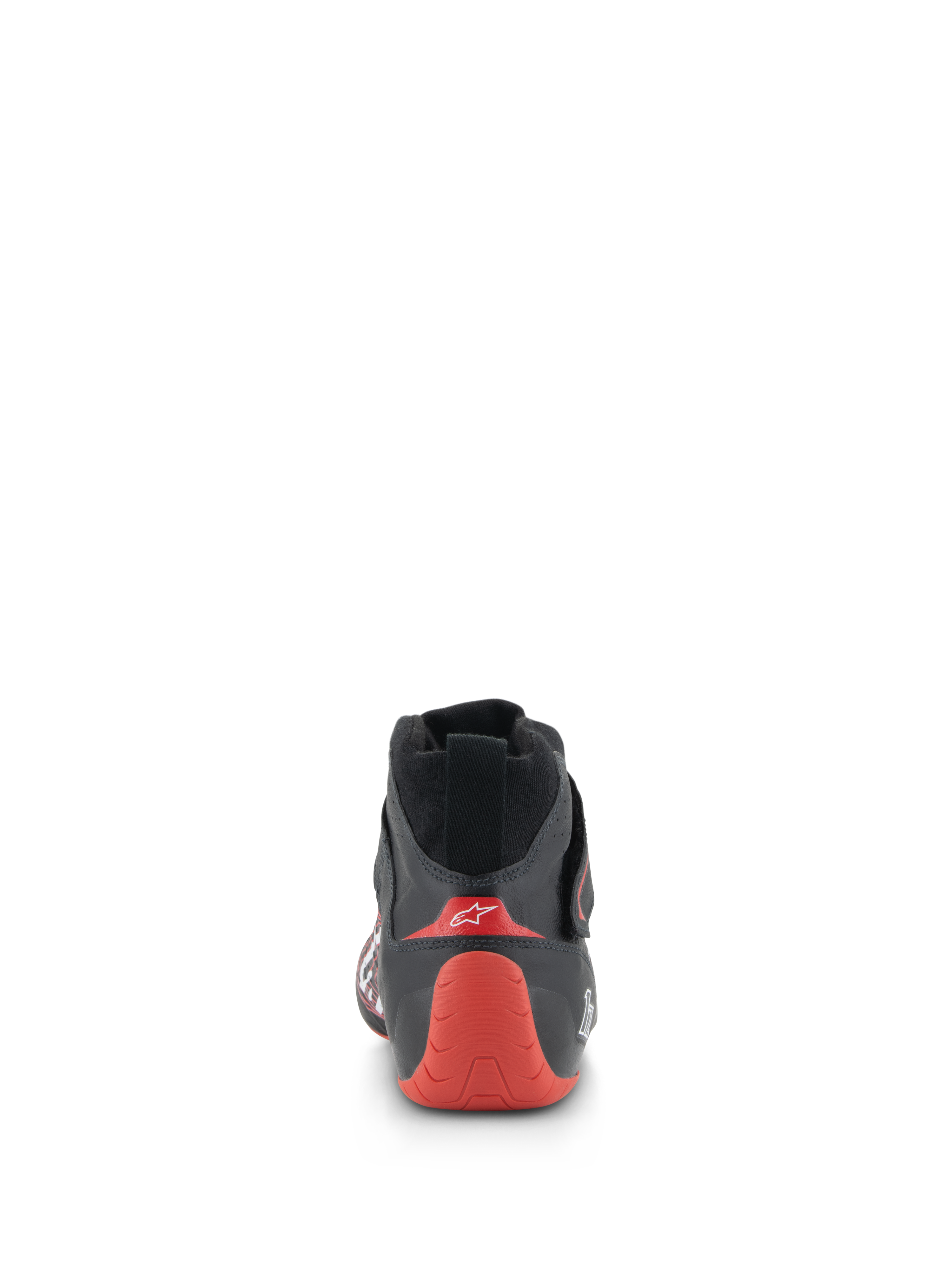 Chaussures Alpinestars Tech-1 Z V3 FIA, chaussures de course automobile, noir et rouge, vue arrière mettant en évidence la coque de talon thermoformée rouge avec logo blanc, construction en cuir noir, chaussures professionnelles de sport automobile