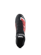 Chaussures Alpinestars Tech-1 Z V3 FIA, chaussures de course automobile, noir et rouge, vue de dessus montrant le système de laçage rapide, sangle velcro avec logo et accents graphiques rouges sur la pointe, design en cuir élégant pour la performance en sport automobile