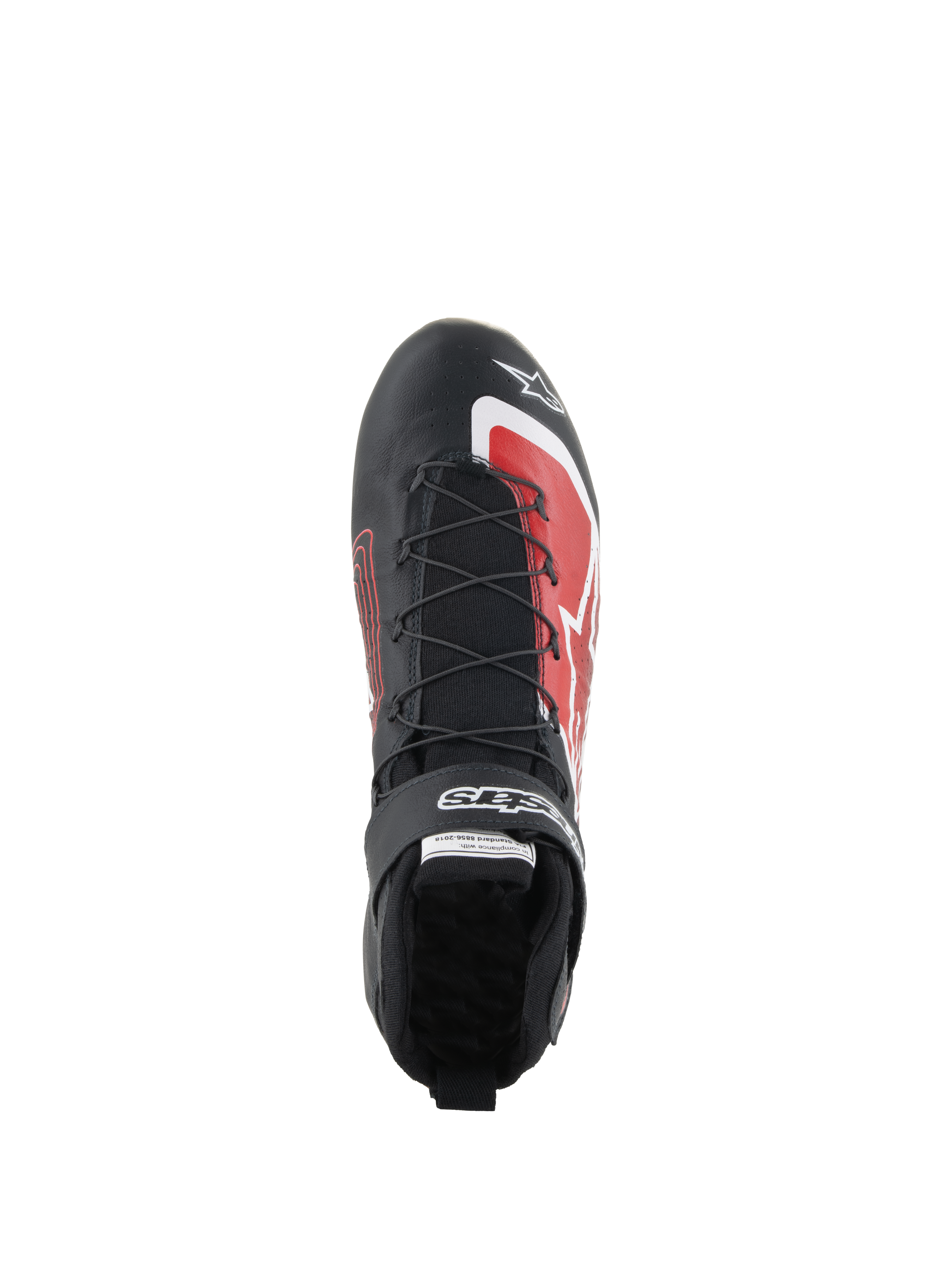 Chaussures Alpinestars Tech-1 Z V3 FIA, chaussures de course automobile, noir et rouge, vue de dessus montrant le système de laçage rapide, sangle velcro avec logo et accents graphiques rouges sur la pointe, design en cuir élégant pour la performance en sport automobile