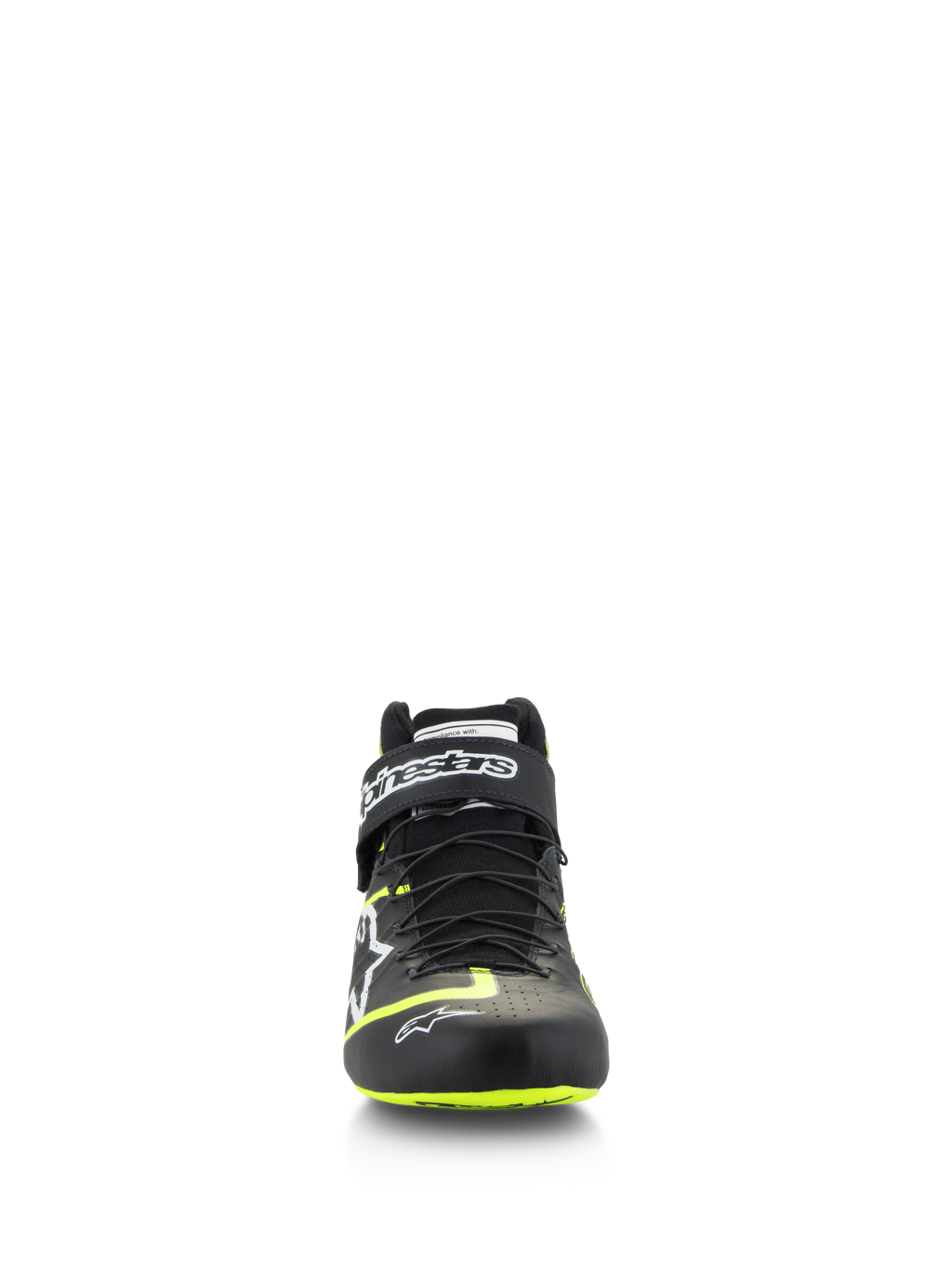 Chaussures Alpinestars Tech-1 Z V3 FIA, chaussures de course automobile, noir et jaune fluo, vue de face, dotées d'un système de laçage rapide à double fermeture et d'une sangle de cheville avec logo, accents jaune vif sur la pointe et la semelle, construction en cuir de qualité supérieure.
