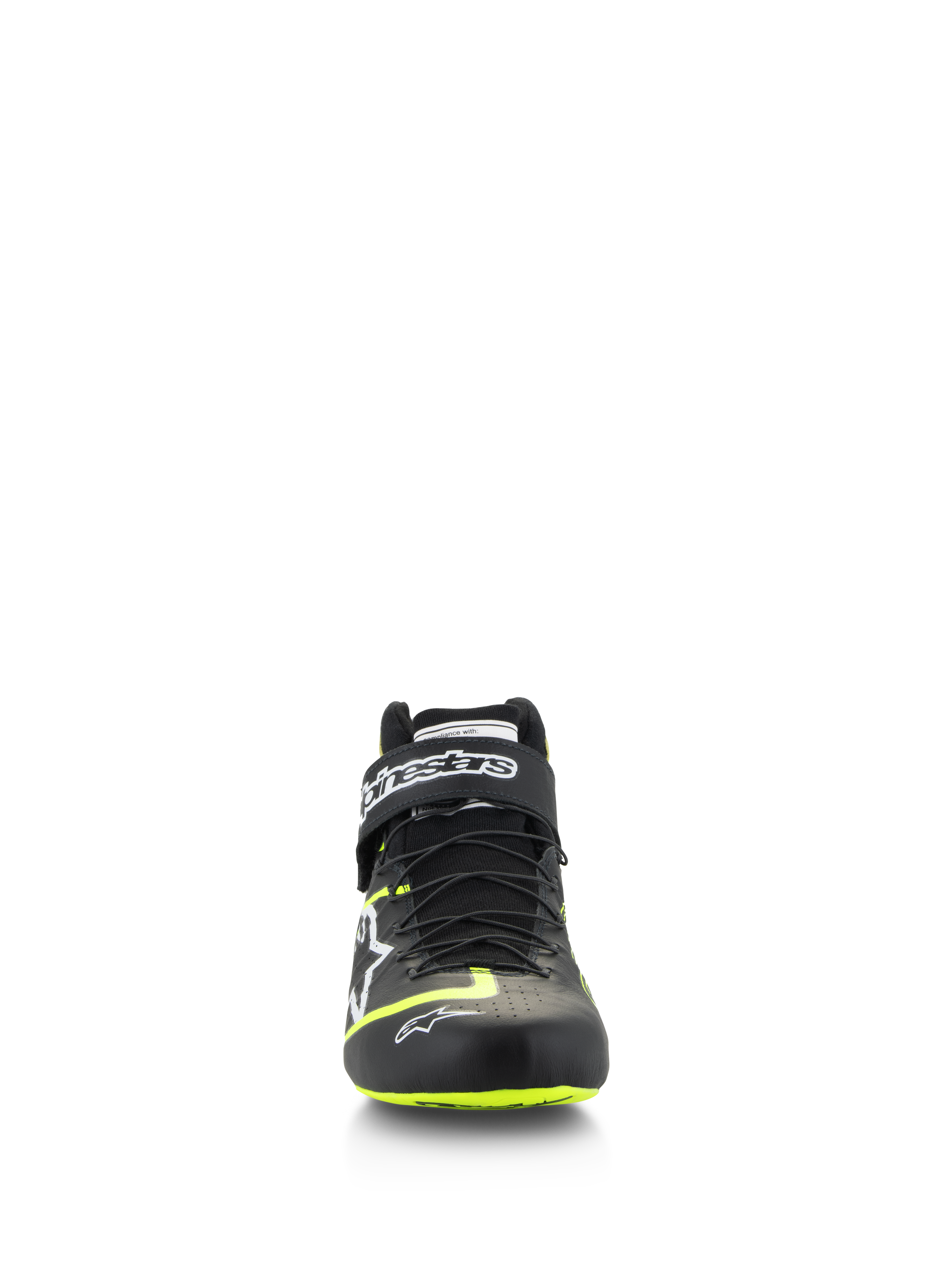 Chaussures Alpinestars Tech-1 Z V3 FIA, chaussures de course automobile, noir et jaune fluo, vue de face, dotées d'un système de laçage rapide à double fermeture et d'une sangle de cheville avec logo, accents jaune vif sur la pointe et la semelle, construction en cuir de qualité supérieure.