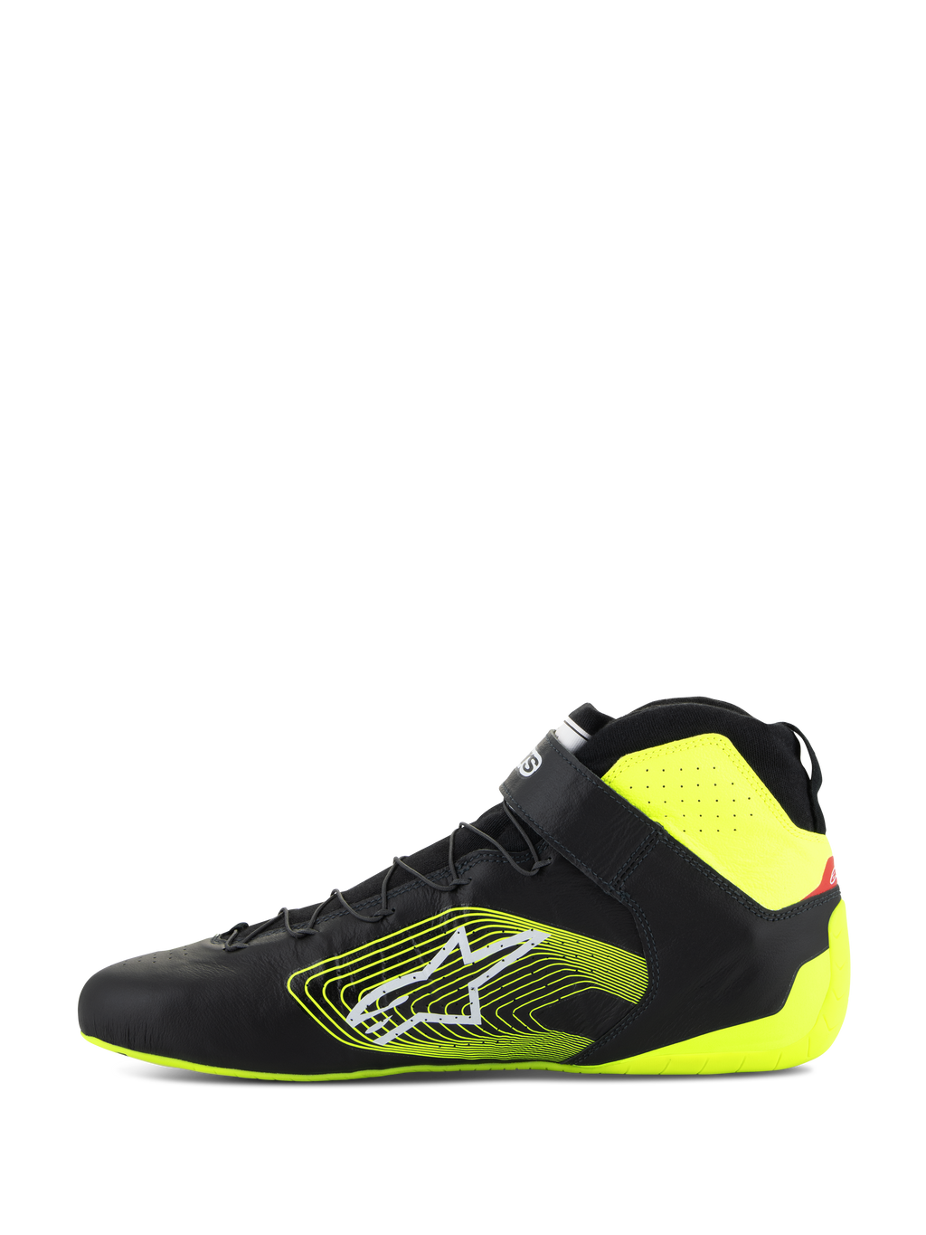 Alpinestars Tech-1 Z V3 Shoes FIA, chaussures de course automobile, noir et jaune fluo, vue de profil, tige en cuir premium avec laçage rapide et sangle de cheville, logo graphique jaune vif sur le côté, accents jaune fluo au talon et au col