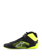 Alpinestars Tech-1 Z V3 Shoes FIA, chaussures de course automobile, noir et jaune fluo, vue de profil, tige en cuir premium avec laçage rapide et sangle de cheville, logo graphique jaune vif sur le côté, accents jaune fluo au talon et au col
